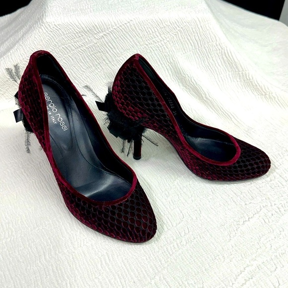 Women’s 6 Italian Sergio Rossi Burgundy Velvet Heel w/Tulle and Feather Heels - Picture 9 of 11